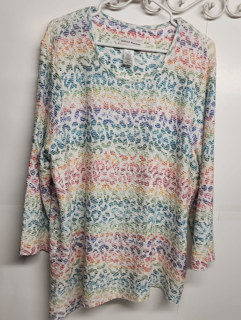 Alfred Dunner Multicolor Open-Knit Striped Long Sleeve Top Sz 2X Rainbow Cozy